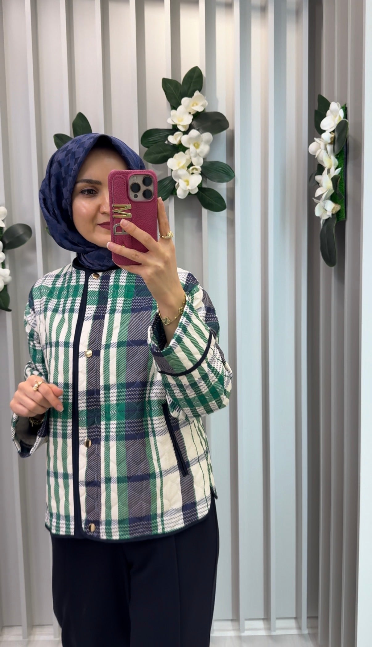 NİHAN Ekose İnce Ceket Benetton Yeşili / CK3029