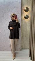 KAYRA %100 Pamuklu Omzu İşlemeli Tunik Koyu Kahve / B26-11028