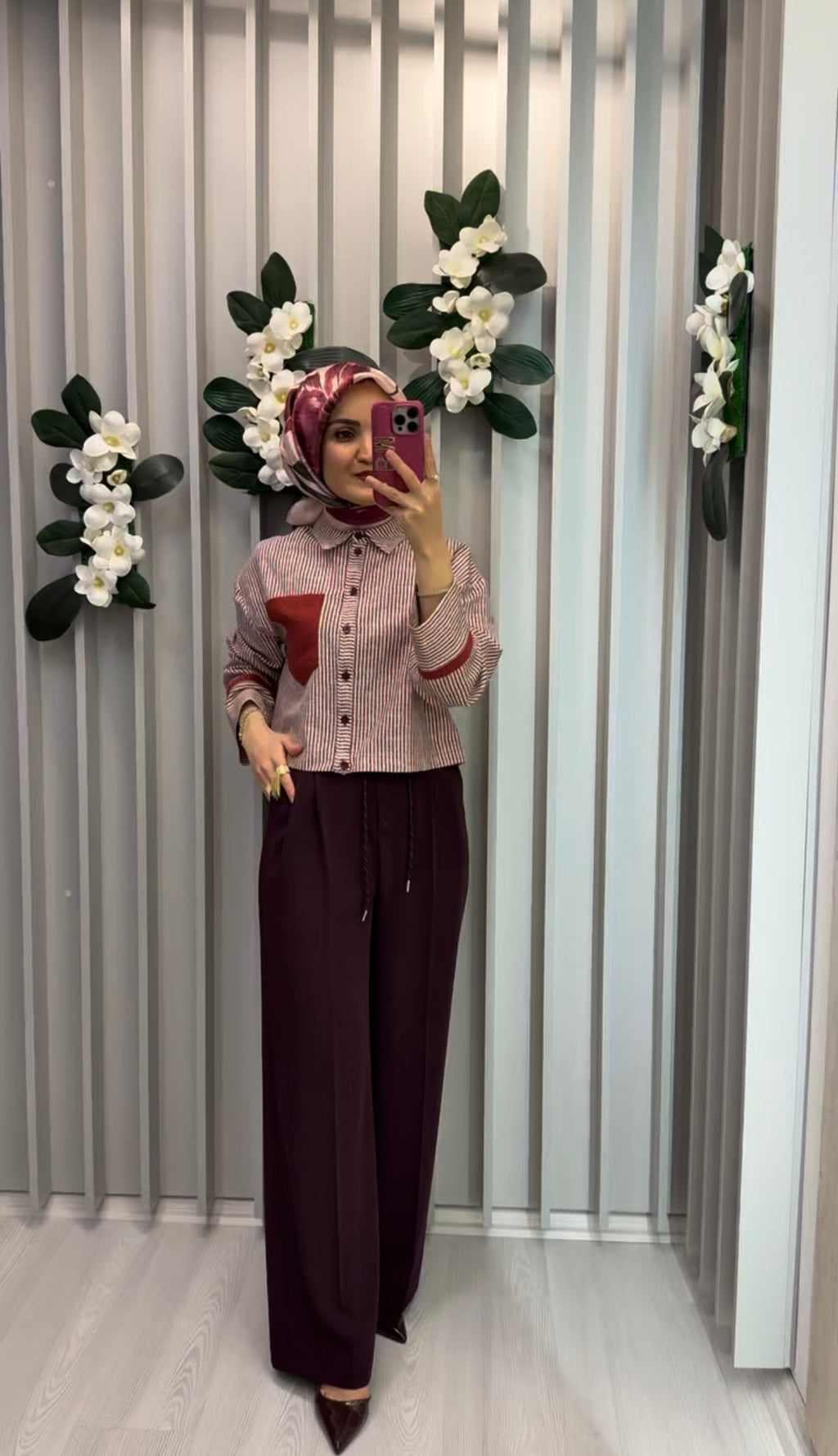 NİHAN Çizgili Crop Keten Gömlek Bordo / GO3079