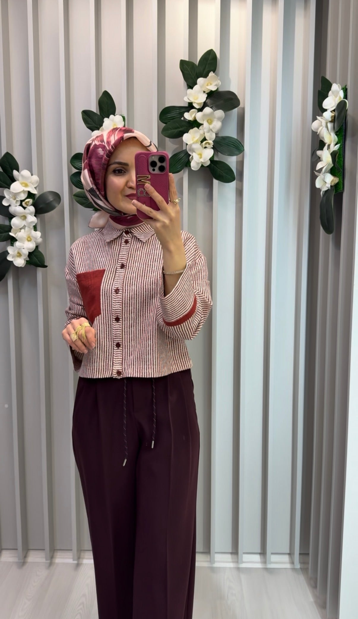 NİHAN Çizgili Crop Keten Gömlek Bordo / GO3079