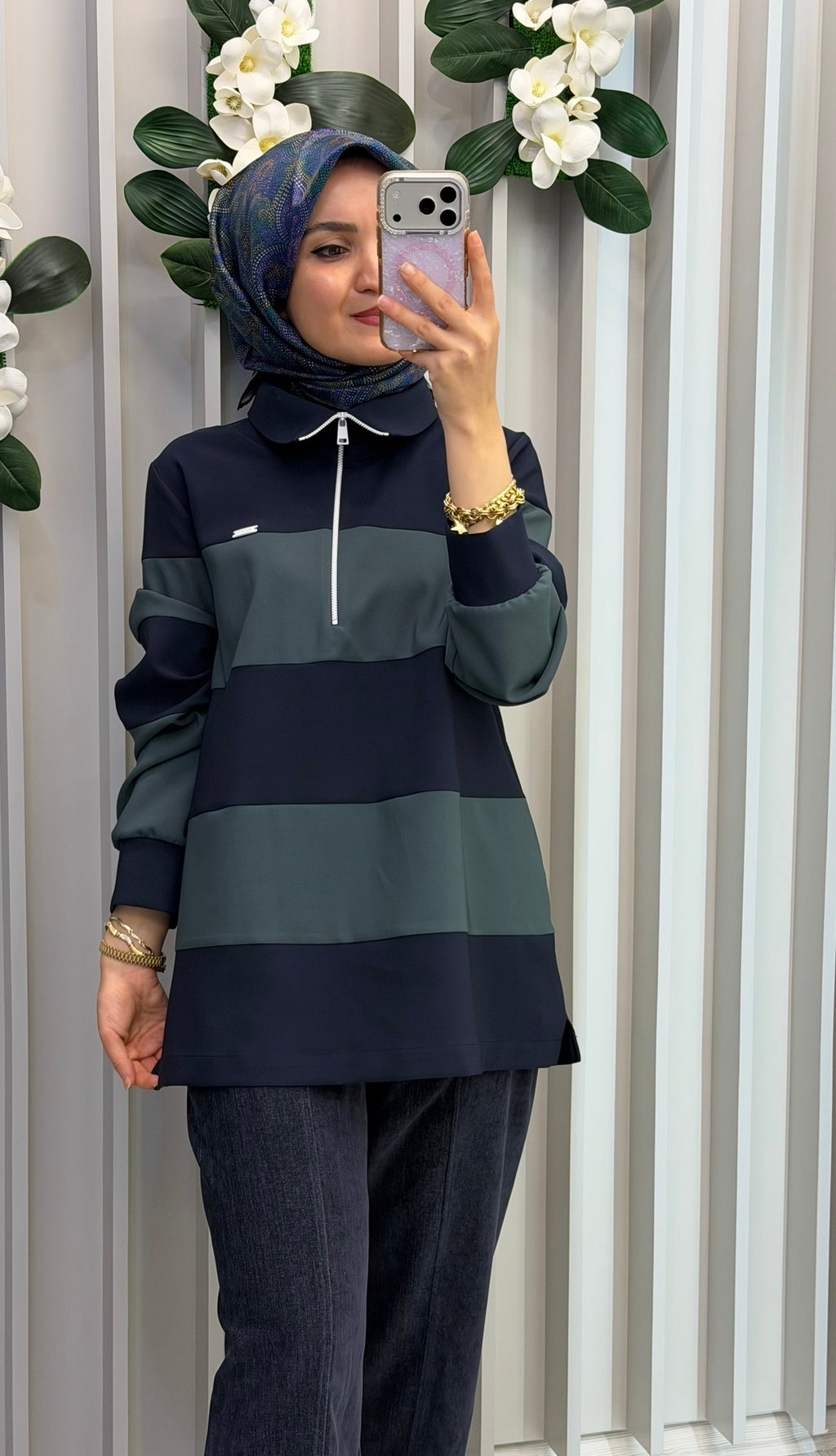 KAYRA Blok Renkli Geniş Yaka Sweatshirt / 31011