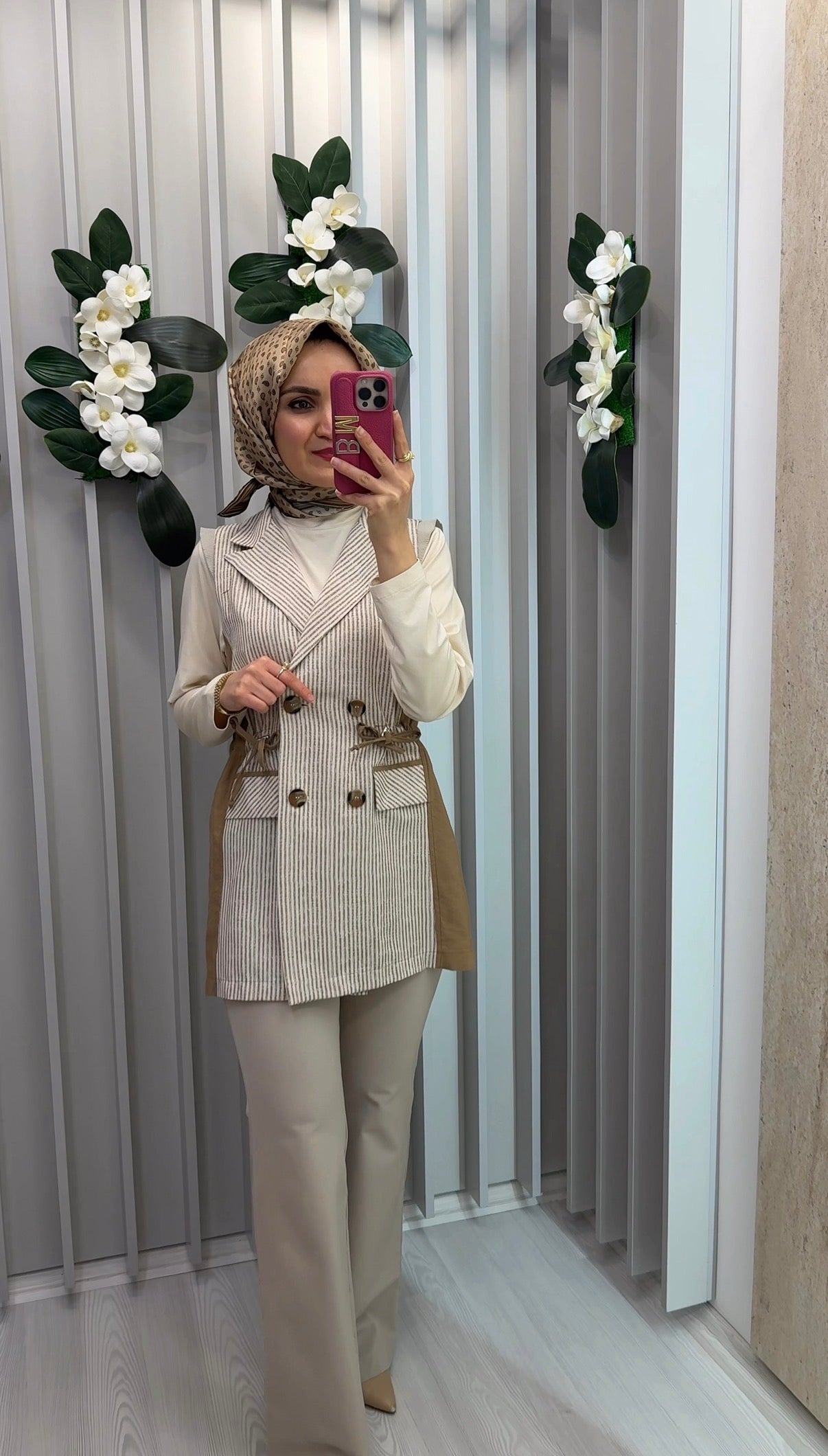 NİHAN Çizgi Desenli Keten Kruvaze Yelek / 3243