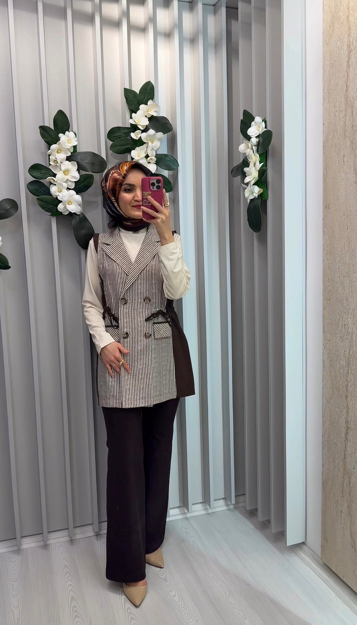NİHAN Çizgi Desenli Keten Kruvaze Yelek / 3243