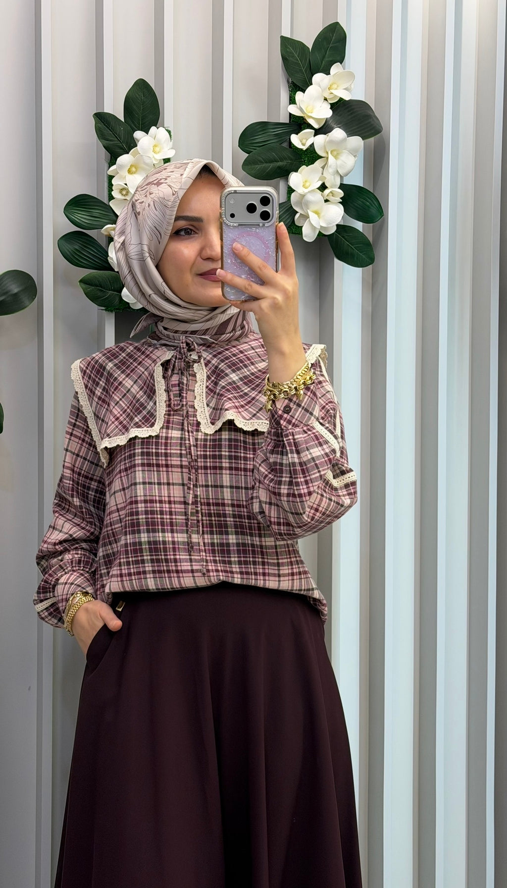 NİHAN Yakası Bağlama Detaylı Ekose Bluz / 5046