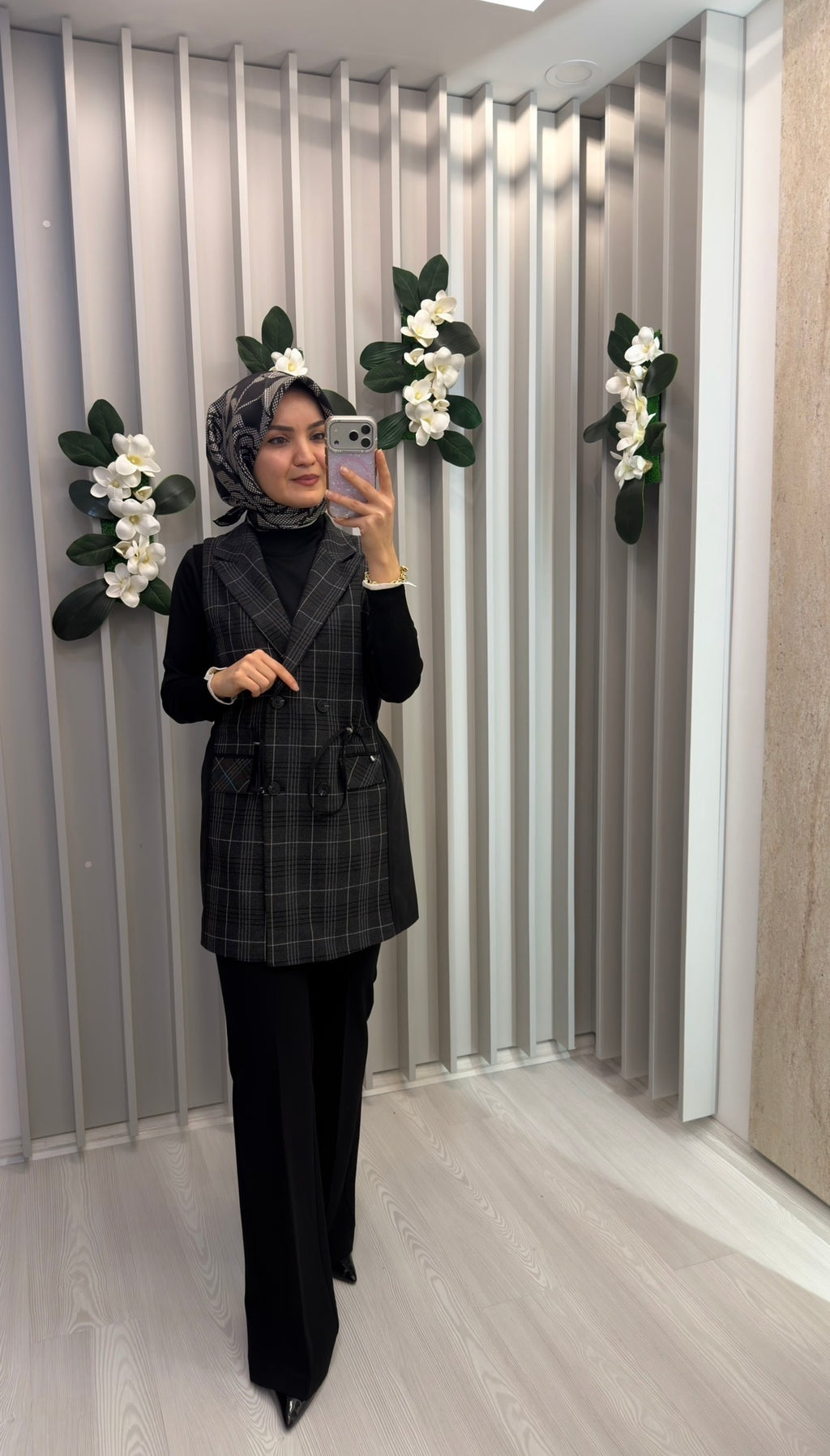 NİHAN Yanları Süet Ekose Yelek / 3106