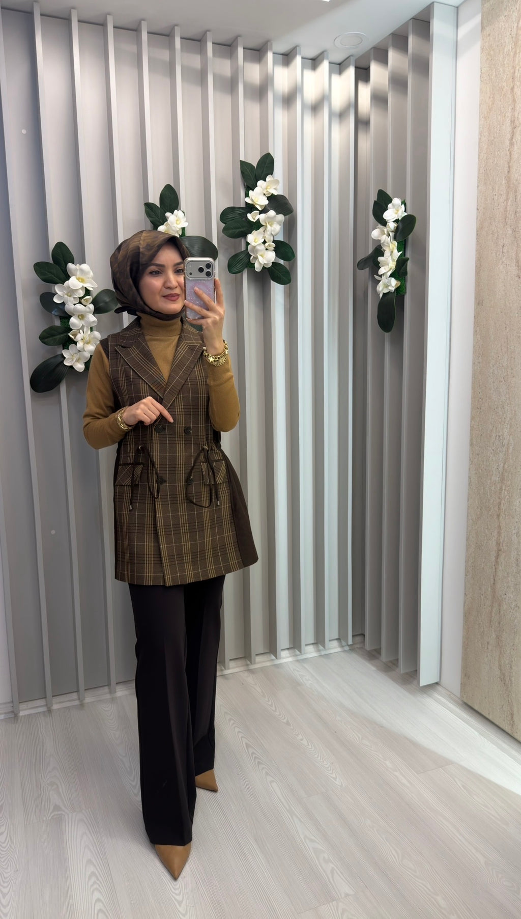 NİHAN Yanları Süet Ekose Yelek / 3106