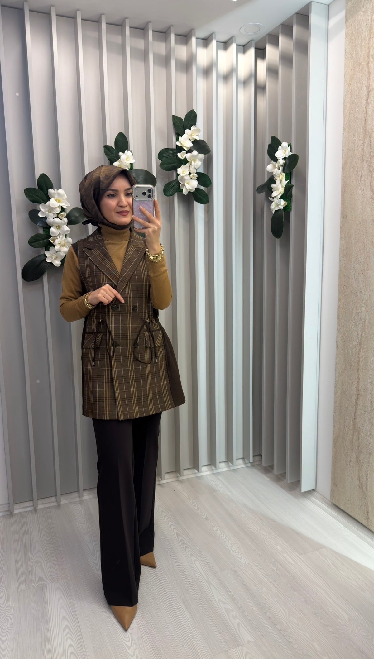 NİHAN Yanları Süet Ekose Yelek / 3106