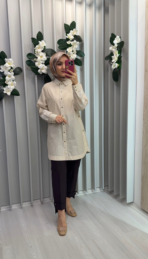 NİHAN Kolları Nakışlı Çizgili Pamuk Tunik / 3345