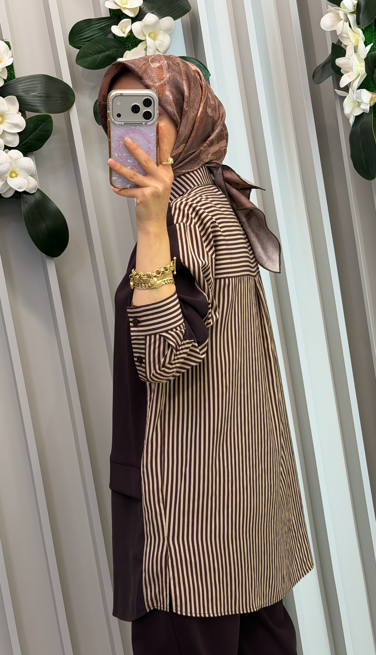 NİHAN Çizgili Kumaş Örme Kumaş Mixli Oversize Spor Tunik / 5191